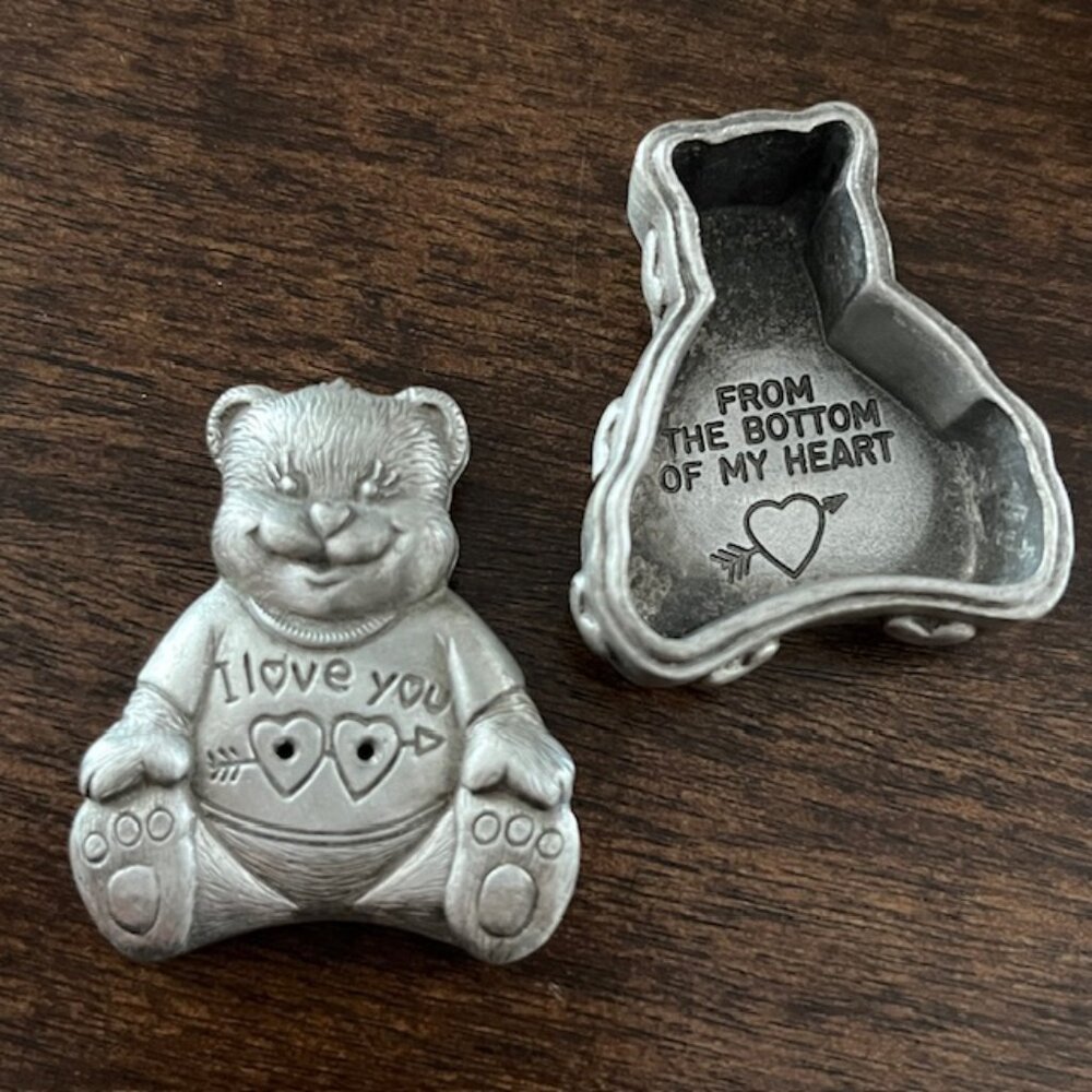 Vintage Pewter Jewlery Set Bear Trinket Box Earrings Necklace Brooch Pin Child - Picture 3 of 11